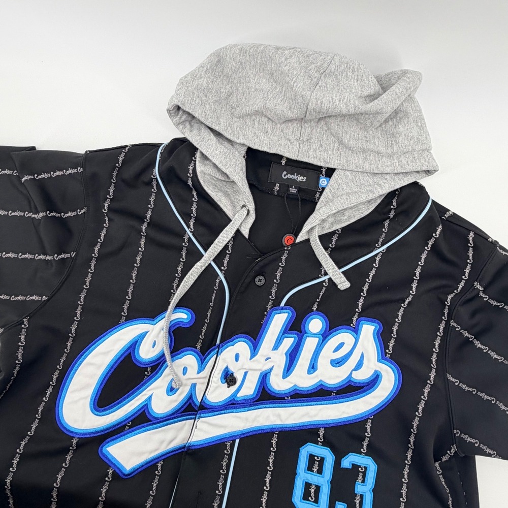 Cookies Baseball Jersey Hoodie Mens Large Black Blue Pinstripe Button Front 83